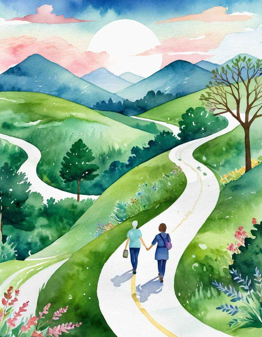 A serene road winding through a lush green landscape, with symbolic representations of different cancer treatment options as colorful signposts along the way. Include supportive figures, like family and healthcare professionals, offering guidance to a main character holding a hope-filled lantern. The sky should be bright and uplifting, symbolizing resilience and optimism. watercolor style. calming colors. soft lighting.