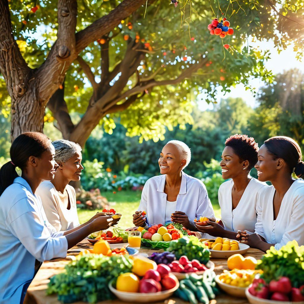 A serene landscape depicting a cancer survivor surrounded by supportive friends, sharing a colorful, nutritious meal filled with fresh fruits and vegetables. Gentle sunlight filters through the trees, symbolizing hope and resilience. Soft, nurturing colors convey warmth and strength, with emotional expressions reflecting joy and solidarity. 3D rendering. vibrant colors. soft focus.